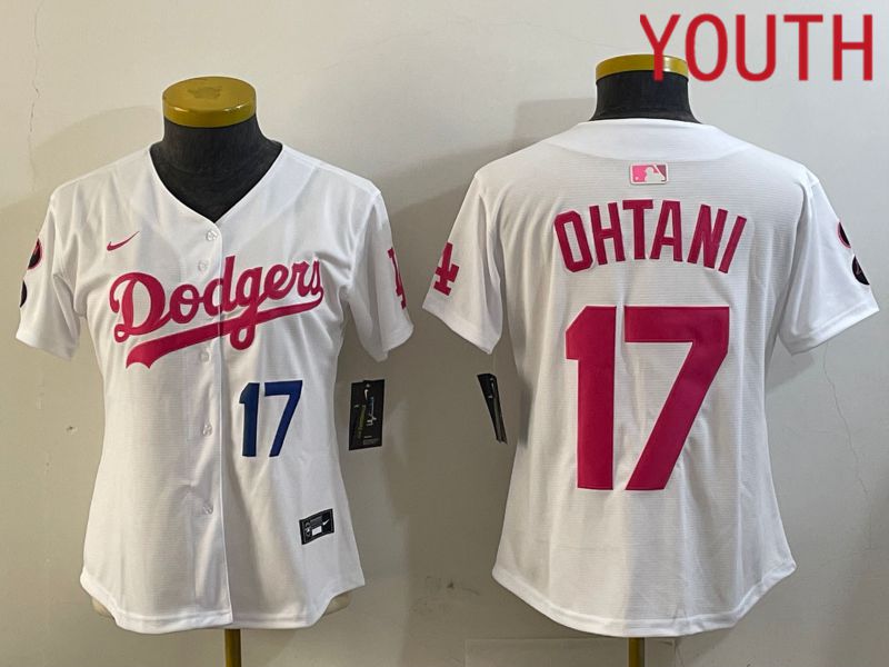Youth Los Angeles Dodgers 17 Ohtani White pink Game 2024 Nike MLB Jersey style 1